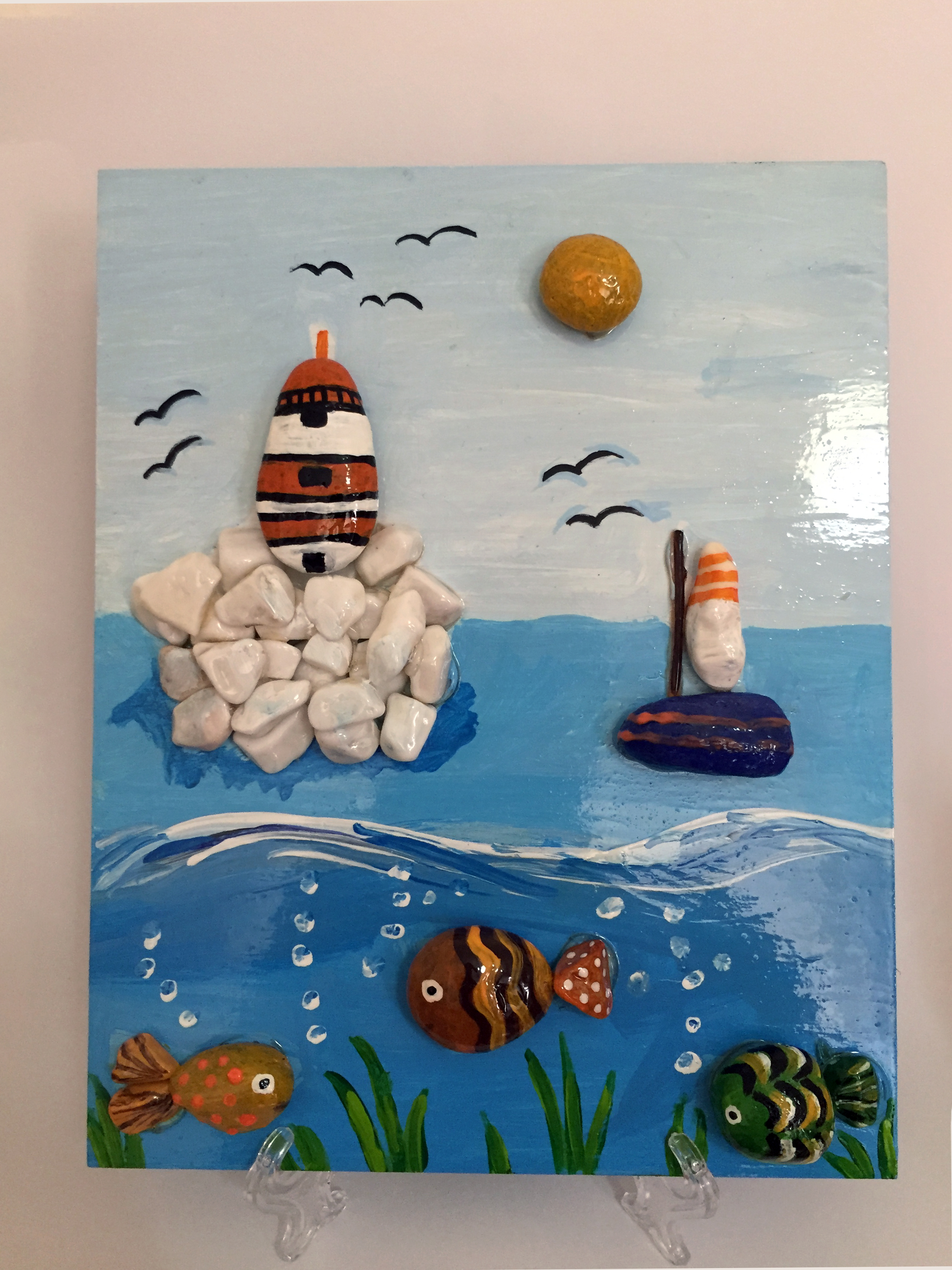 Taş Akrilik Boyama Deniz Feneri