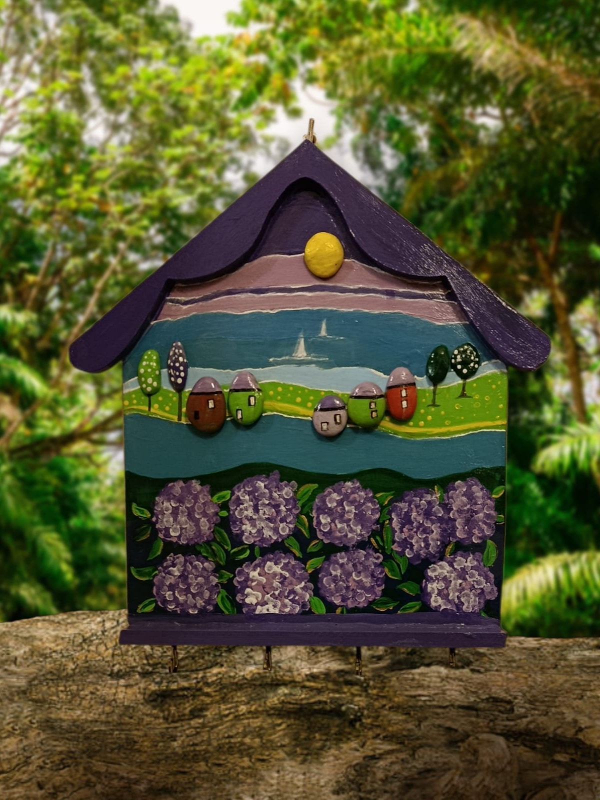 Ahşap Mdf Taş Boyama Ortanca Bahçesi -Anahtarlık