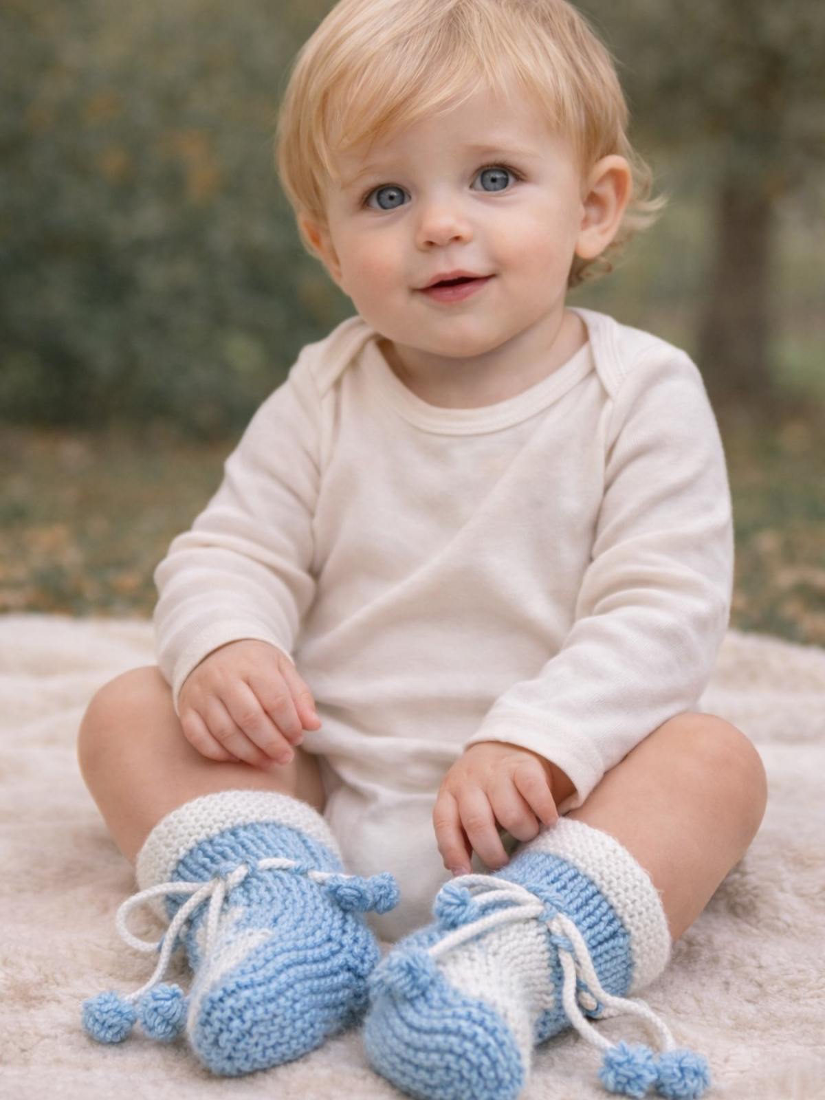 Bebe yünü Patik Mavi-Beyaz ( 0 - 1 yaş)