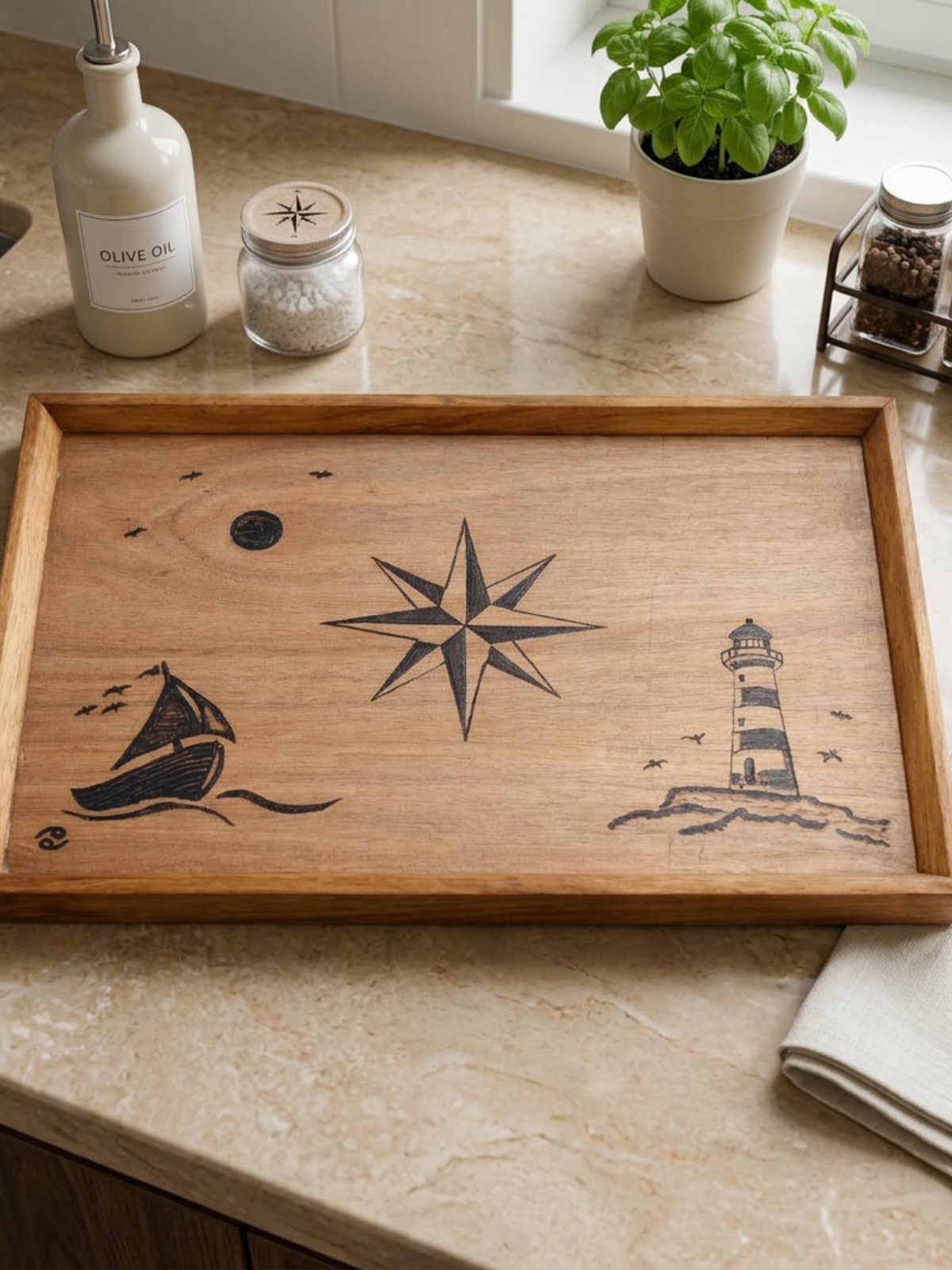 Pusula Rüzgarı Ahşap Sunum Tepsisi – El Yapımı, Dekoratif & Hediye (Deniz Temalı Premium Tasarım)