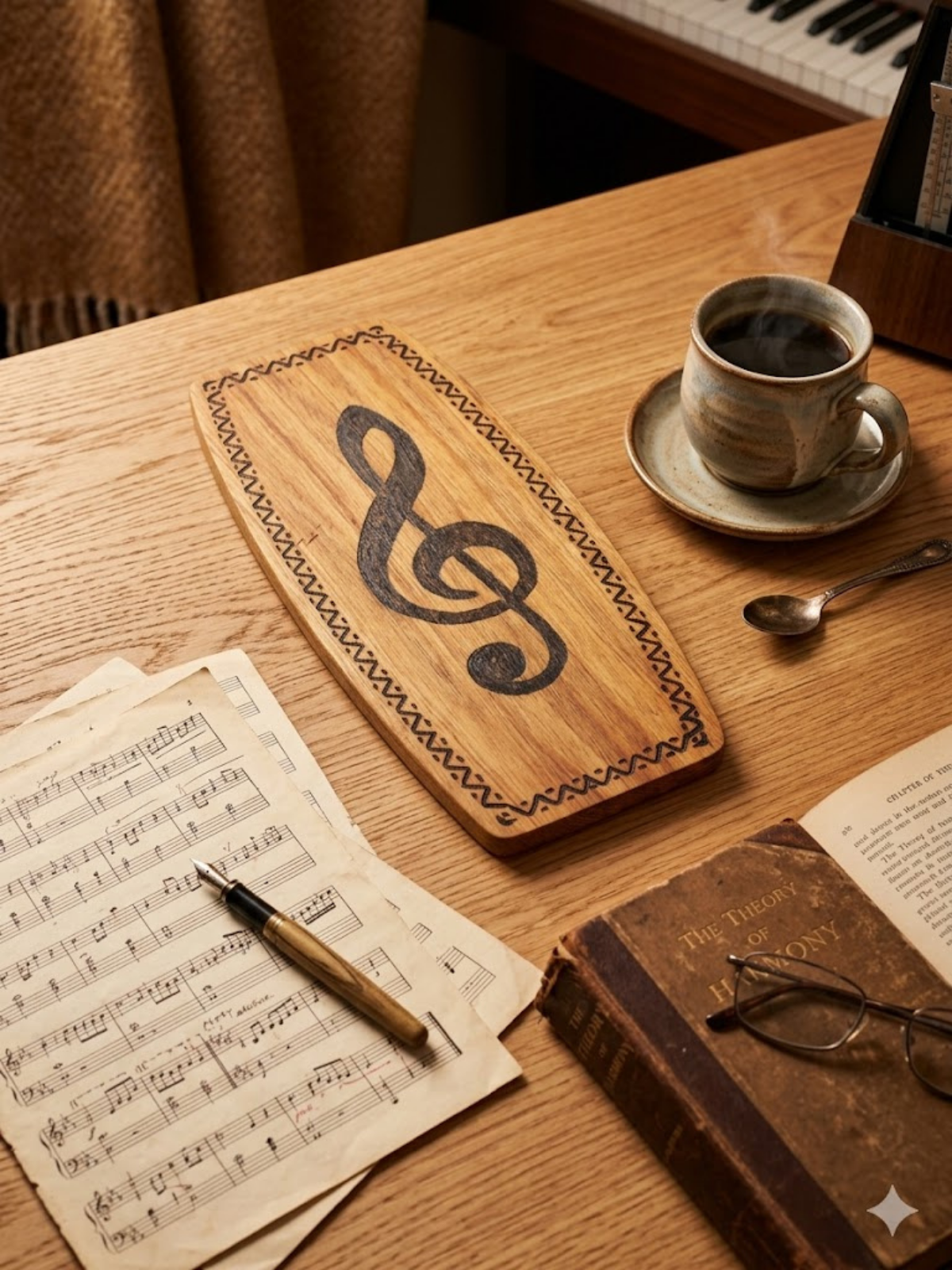 Sol Anahtarı Motifli El Yapımı Ahşap Sunum Tepsisi | Müzik Temalı Dekoratif Premium Tasarım