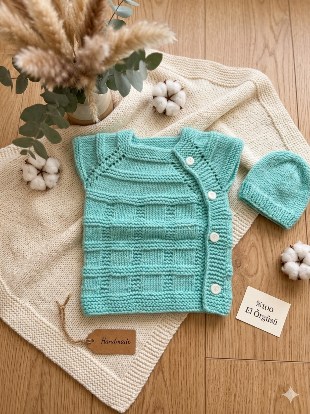 Mint Rüyası El Örgü Bebek Yeleği-Bebek üst Giyim