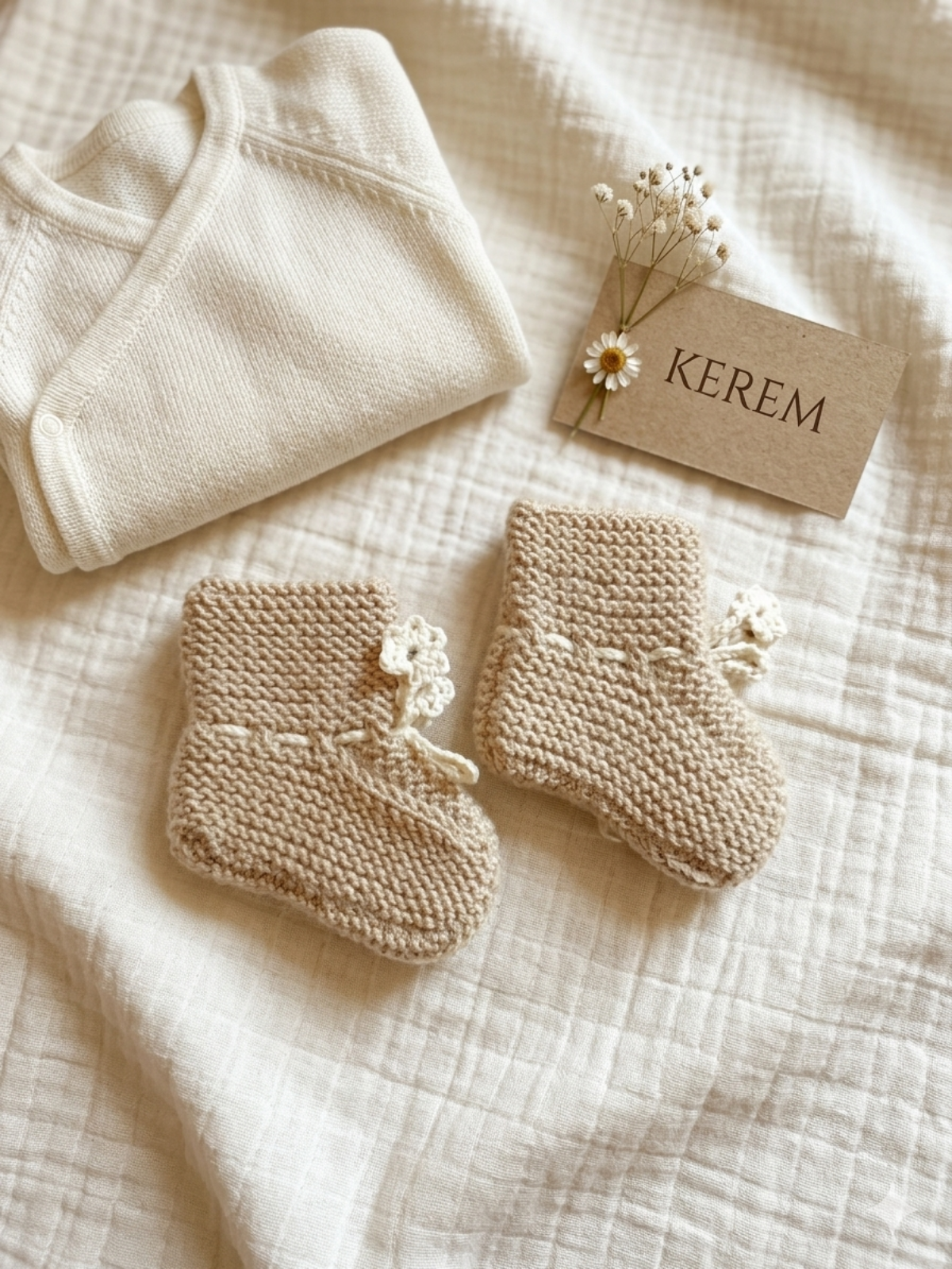 Yenidoğan Bebek Patiği – Doğal Krem Renk Minimal Tasarım 