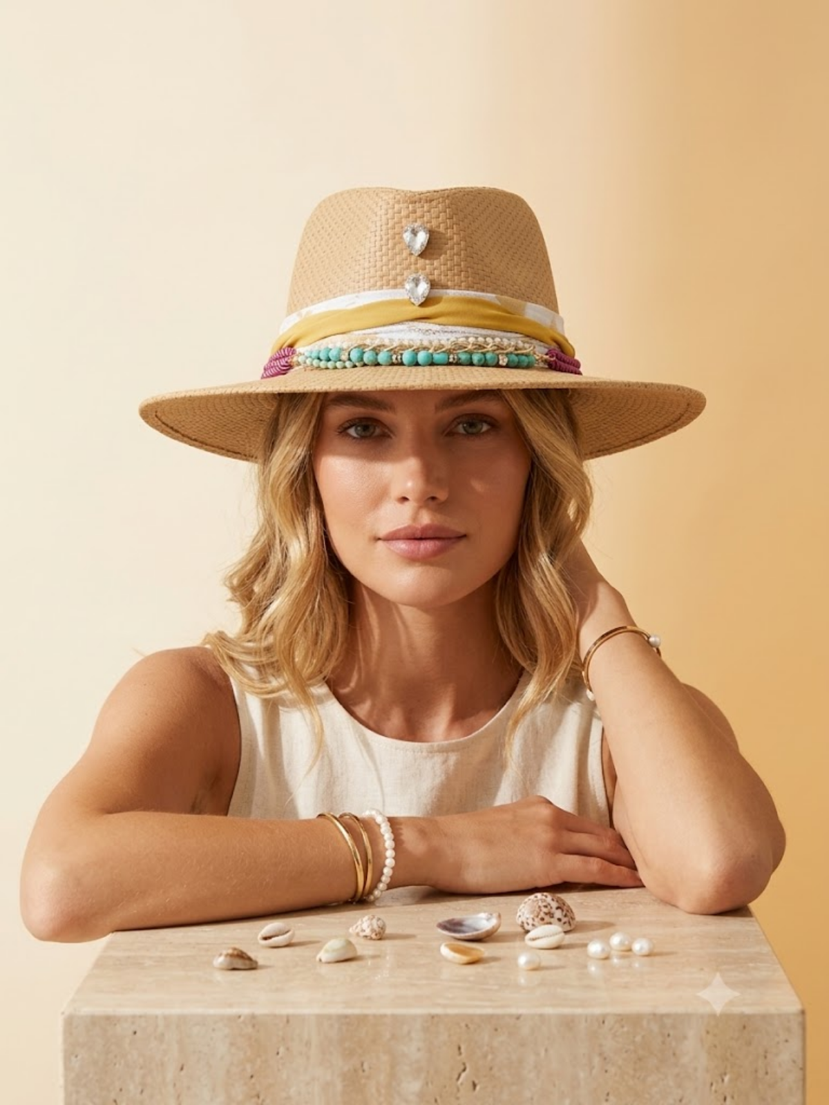 Turquoise Breeze Boho Hasır Şapka – El Yapımı Taş ve İnci Detaylı Yaz Şapkası